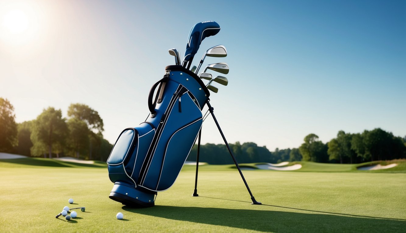 Ludvig Åberg's golf bag, filled with various clubs, sits on the grassy tee box of a sunlit golf course