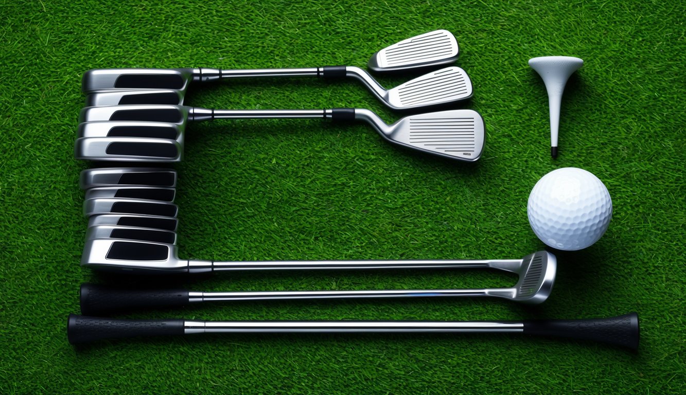 A set of golf clubs arranged neatly on a green grass background with a golf ball and tee nearby