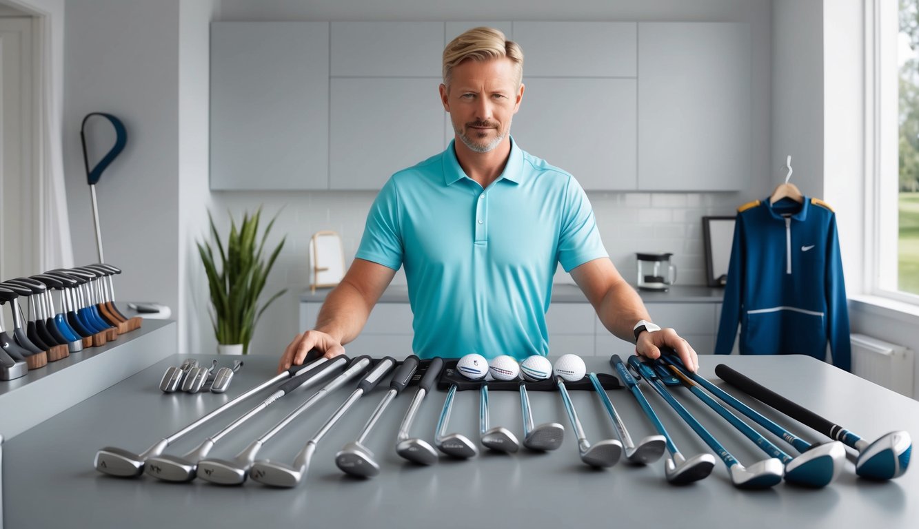 Ludvig Åberg carefully selects his golf clubs, laying out a variety of irons, woods, and putters on a clean, well-organized table