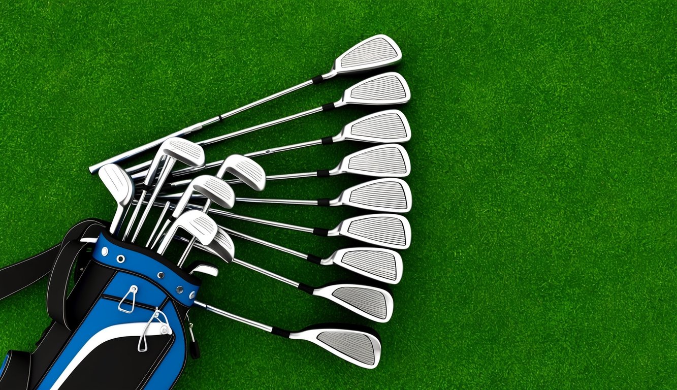 A set of golf clubs neatly arranged on a green grass background, with a golf bag standing nearby