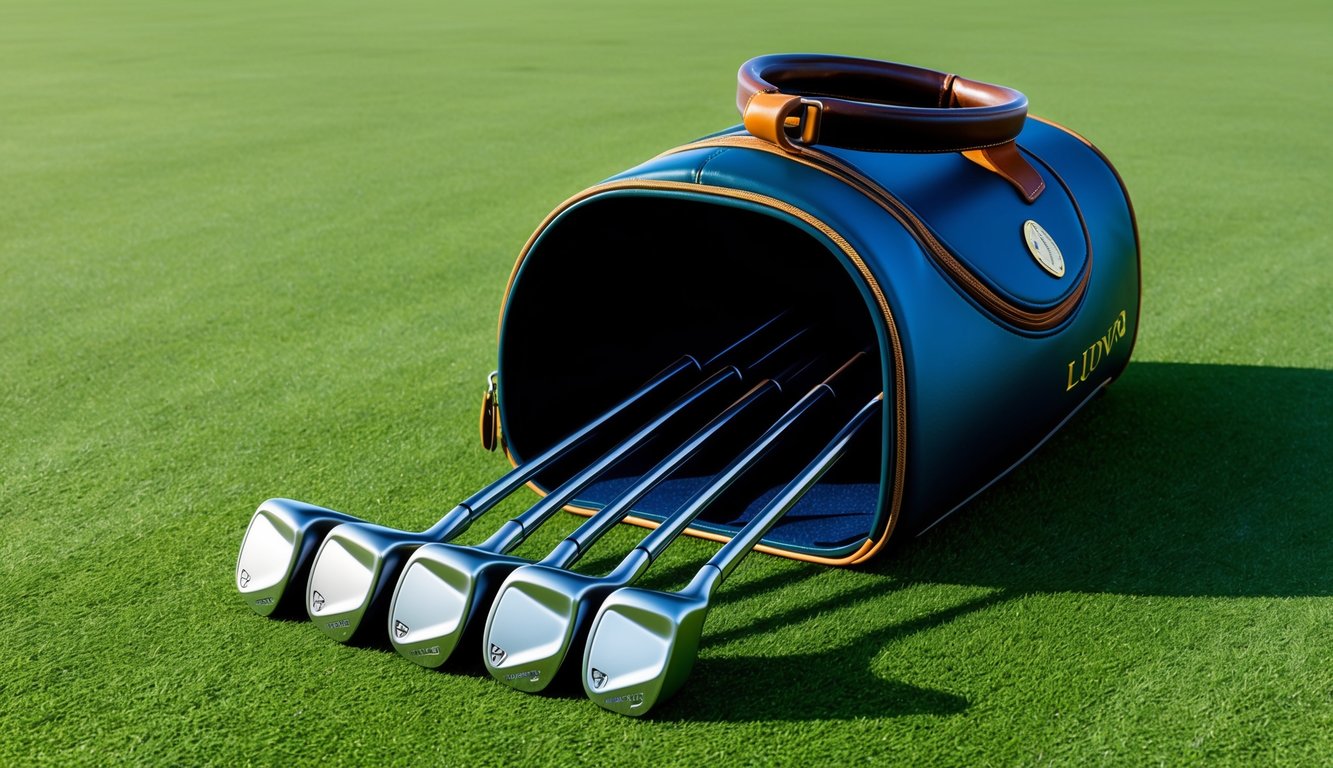 Ludvig Åberg's golf bag open, revealing a set of irons arranged neatly in a row on the grass