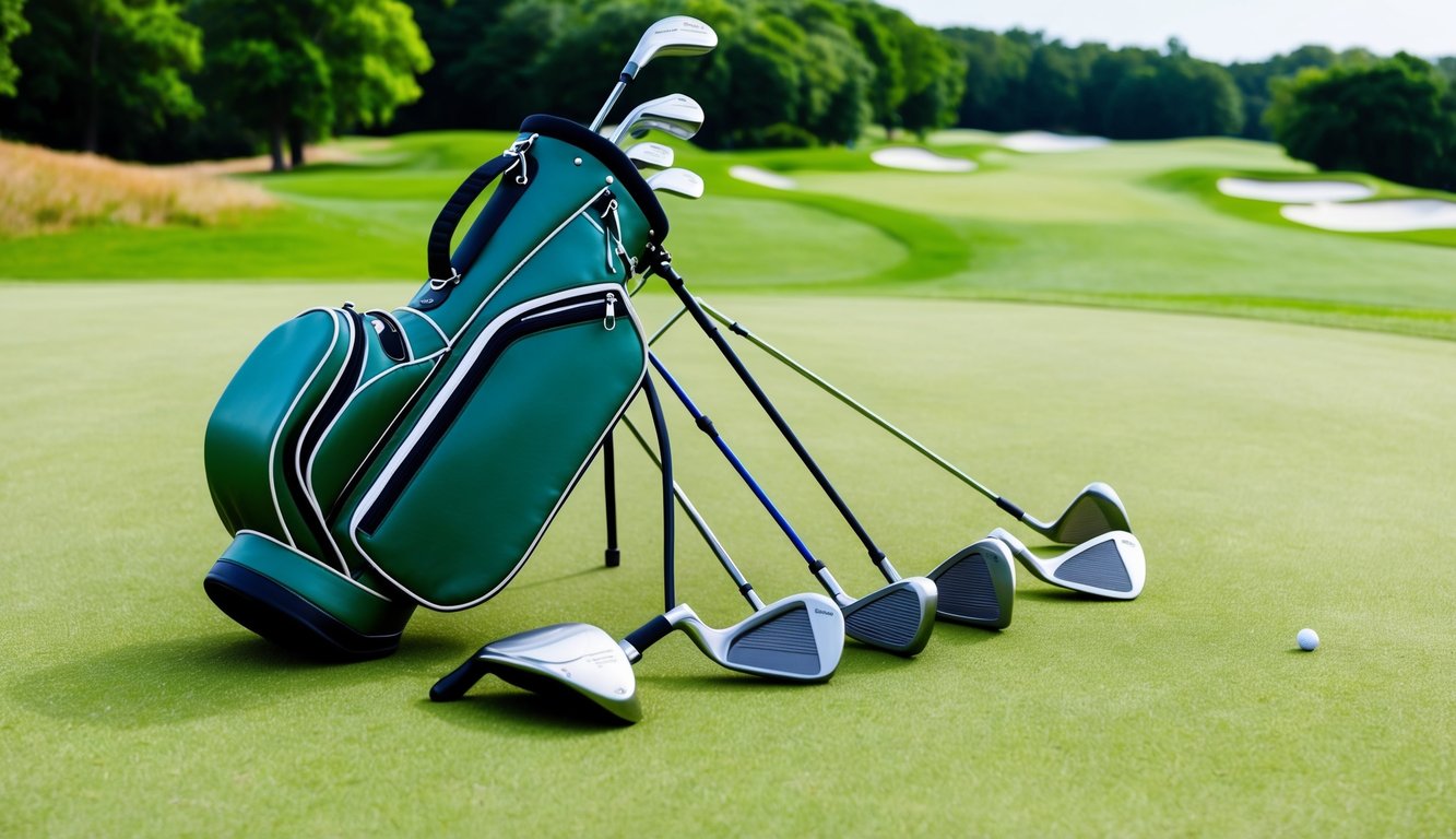 A golf bag with various wedges and clubs laid out on a lush green fairway