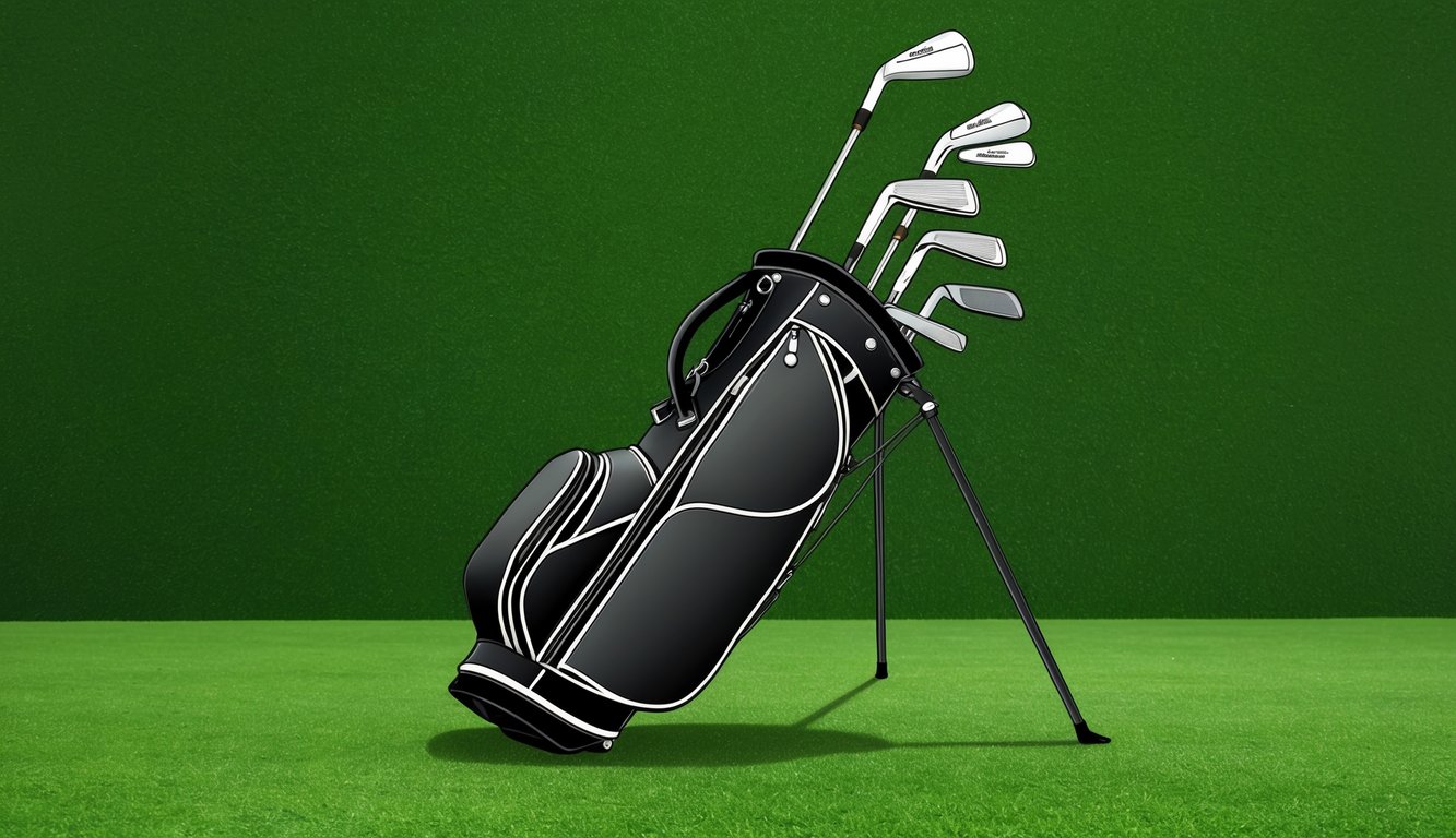 A golf bag with various putter choices displayed on a green grassy background