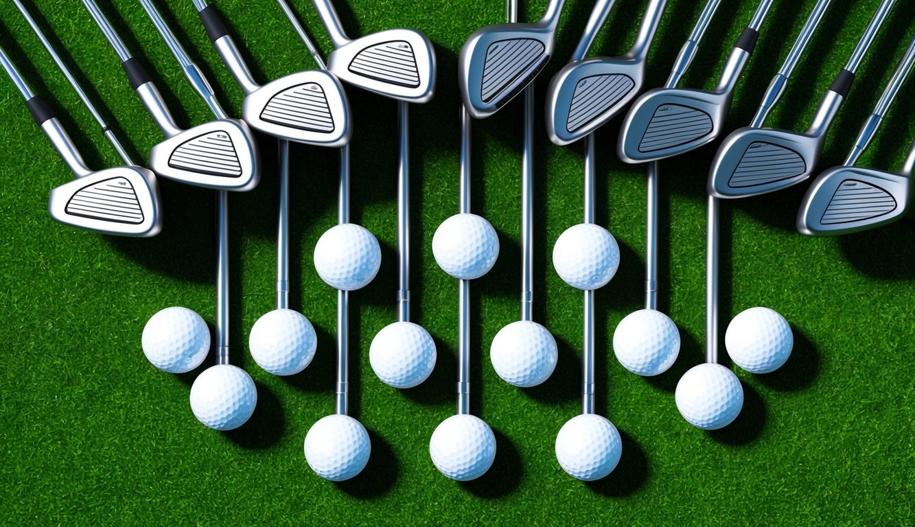 A set of golf clubs arranged neatly on a grassy green, with a golf ball placed in front of each club