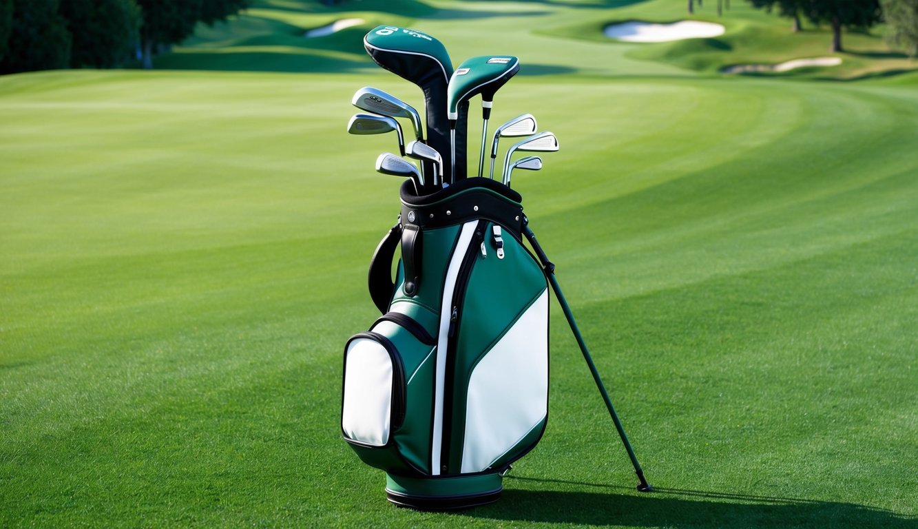 A golf bag with various clubs arranged neatly on a lush green fairway