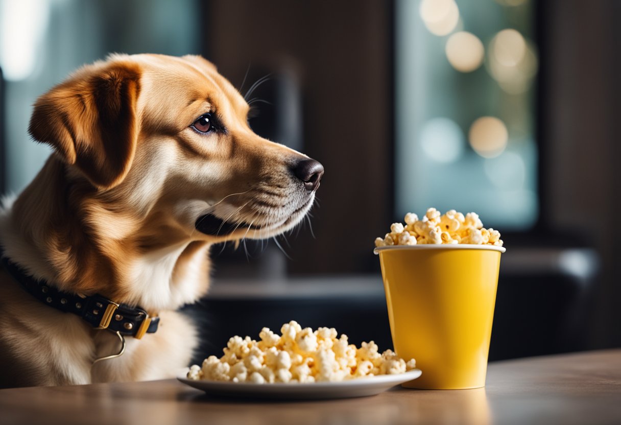 A dog eagerly looks up at a bowl of popcorn on a table