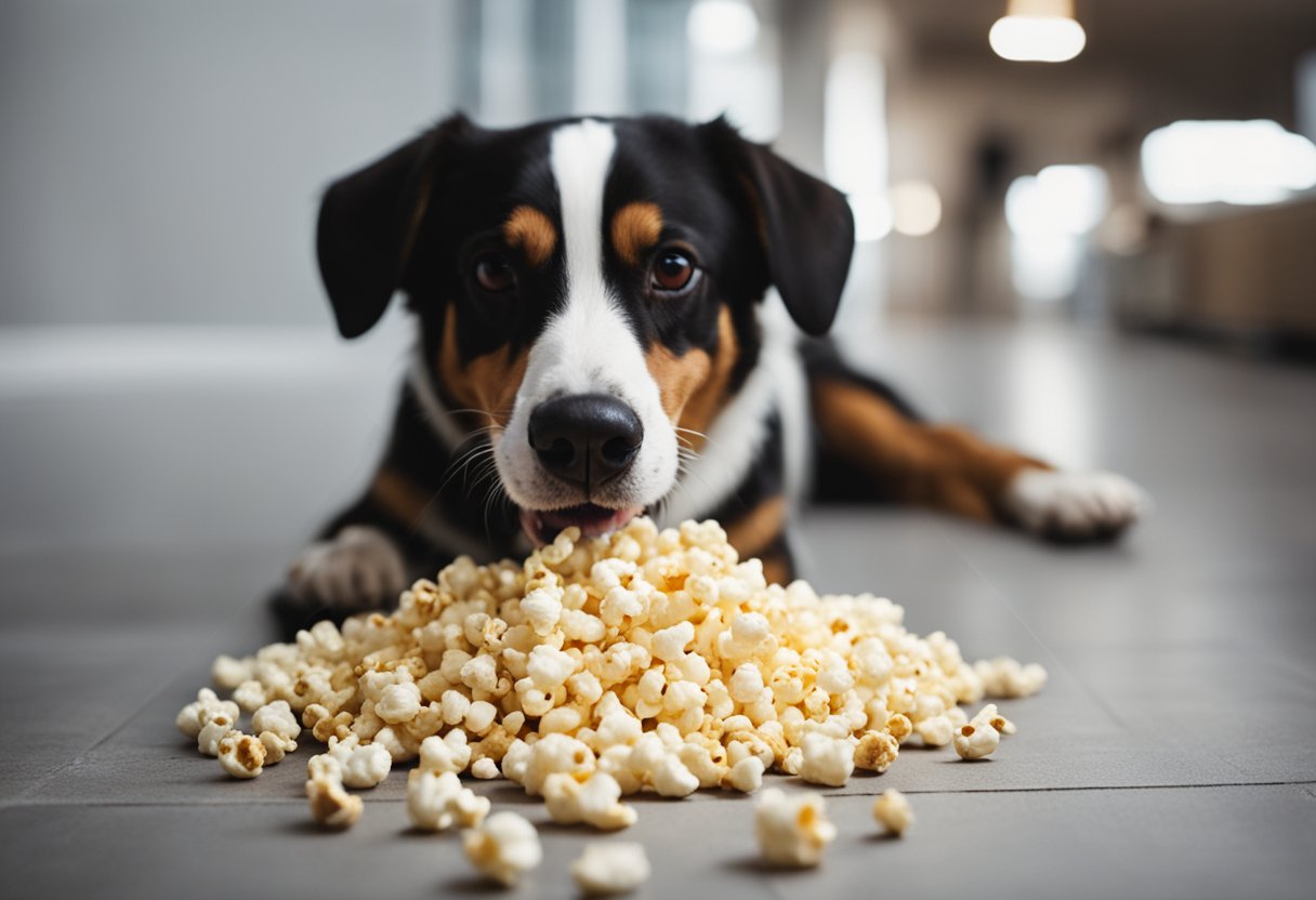 A dog happily munching on popcorn kernels scattered on the floor