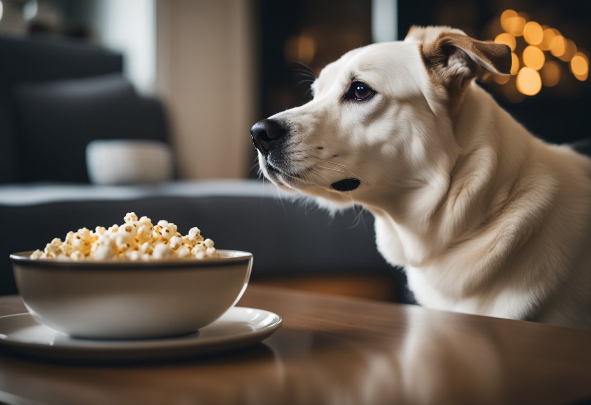 A dog eagerly eyes a bowl of popcorn on a living room coffee table