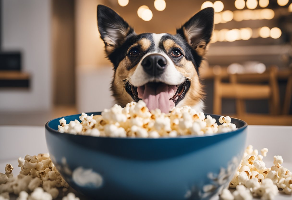 A happy dog sitting in front of a bowl of popcorn, looking up eagerly