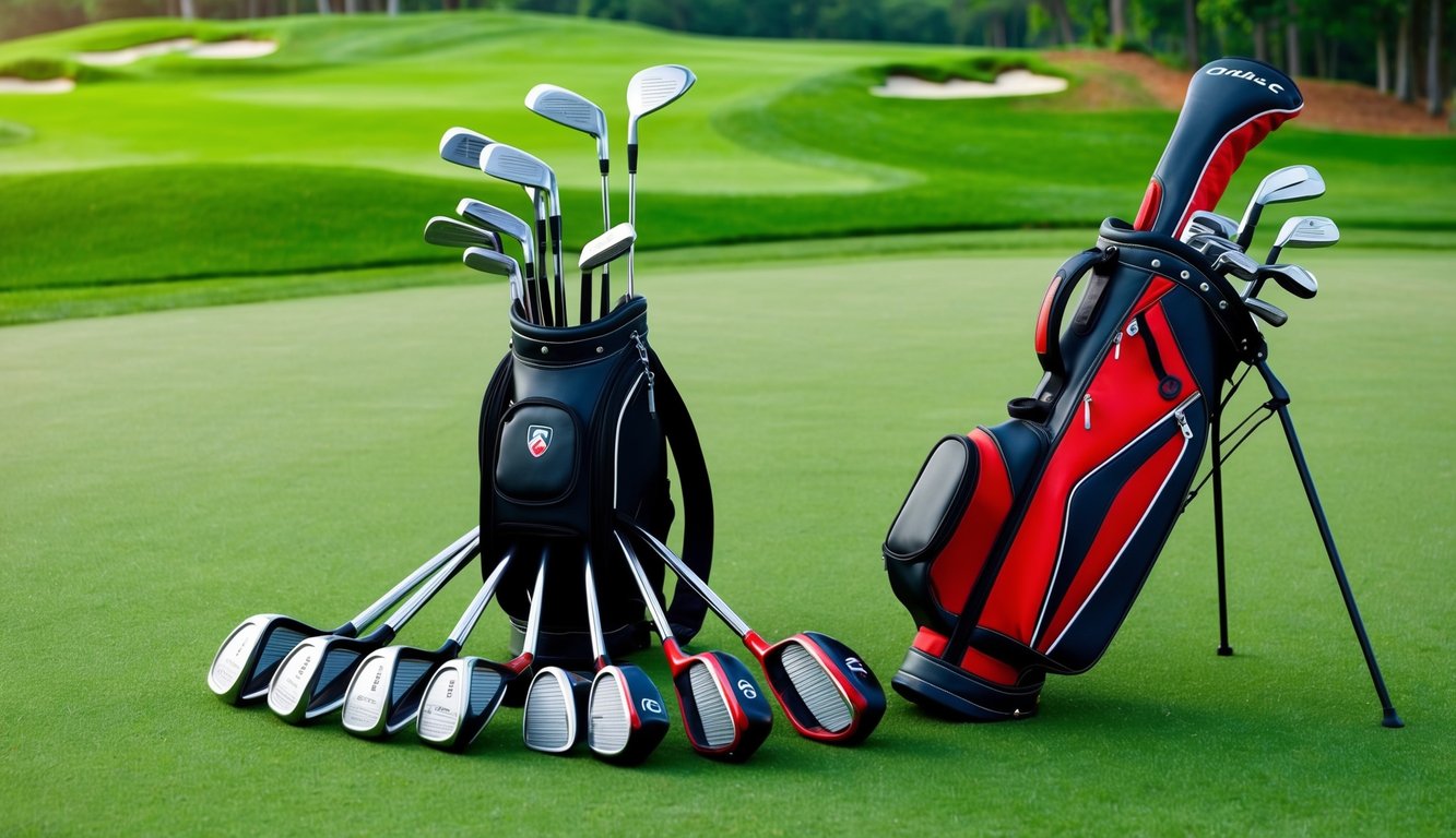 A golf bag with various clubs arranged neatly on a lush green course