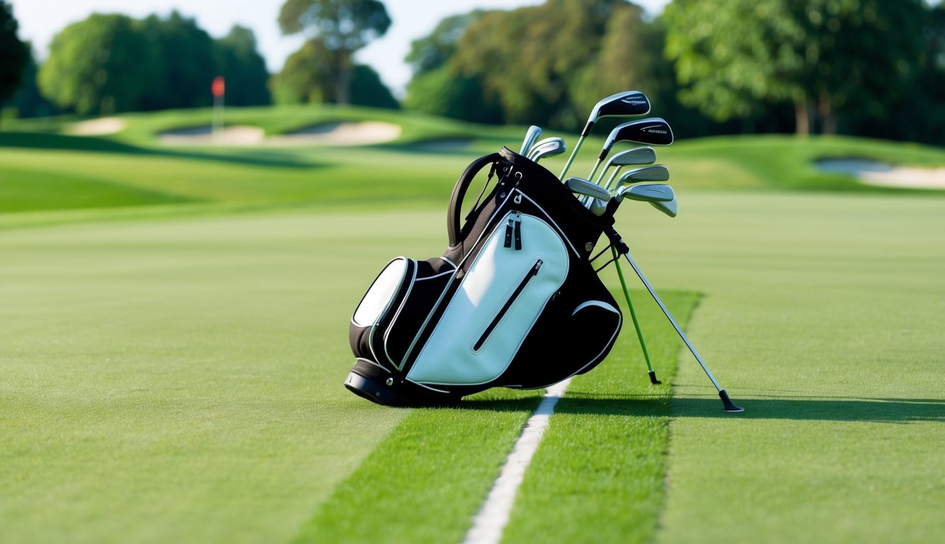 A golf bag with various clubs arranged neatly on a lush green fairway