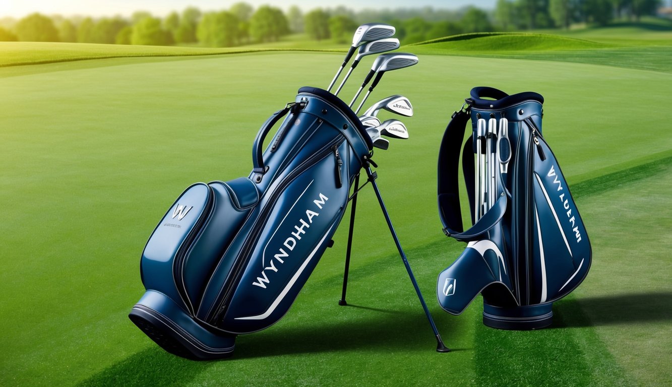 Wyndham Clark's golf bag open on a lush green fairway, showcasing a set of sleek, modern clubs and a variety of high-tech equipment