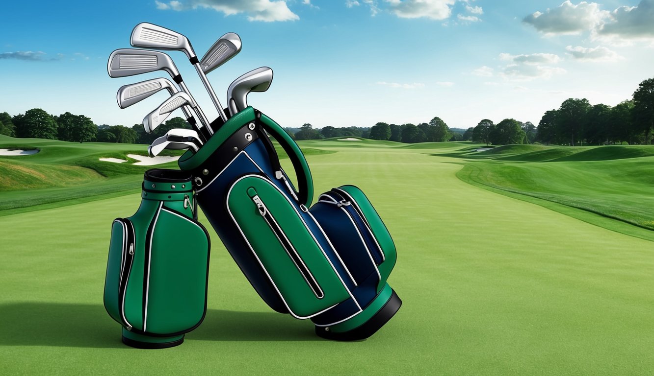 Wyndham Clark's golf bag open, clubs neatly arranged on a lush green fairway, with a blue sky and distant trees in the background