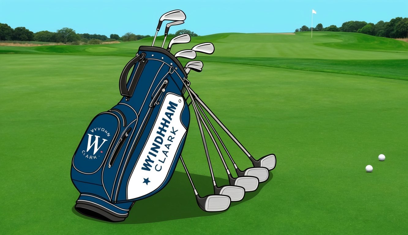 An illustration of Wyndham Clark's golf bag with his preferred clubs laid out on a green grassy fairway