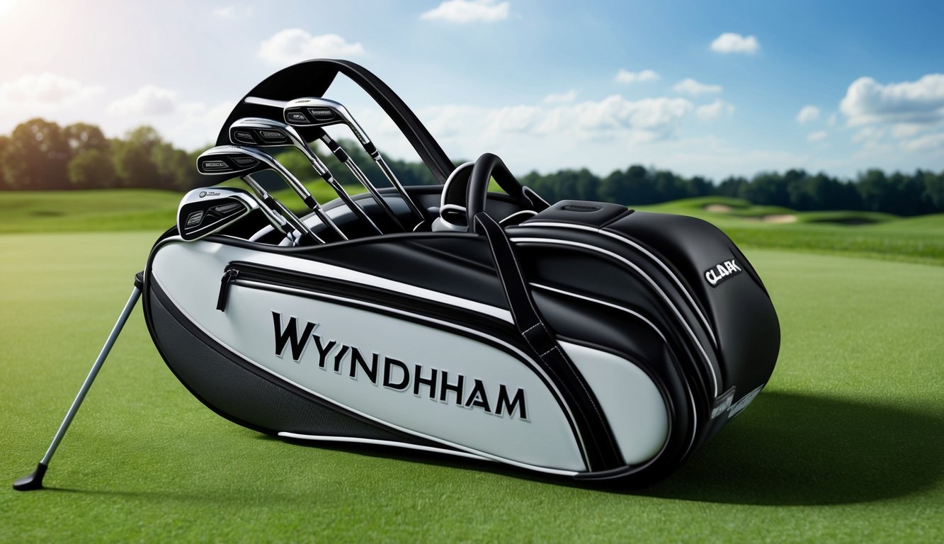 Wyndham Clark's golf bag sits open, revealing a set of sleek, high-performance clubs neatly arranged and ready for action on the lush green fairway