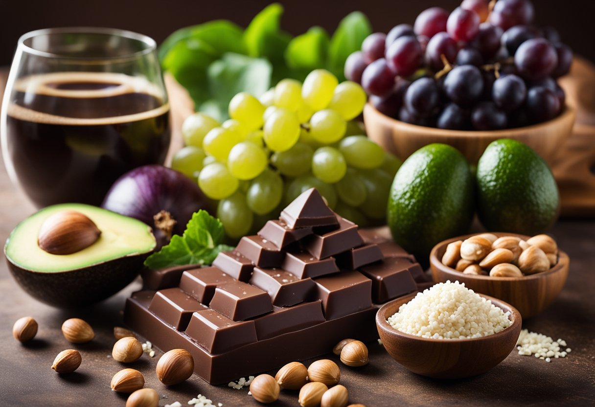 A pile of chocolate, grapes, onions, garlic, avocado, macadamia nuts, alcohol, xylitol, caffeine, and raw dough sit on a kitchen counter