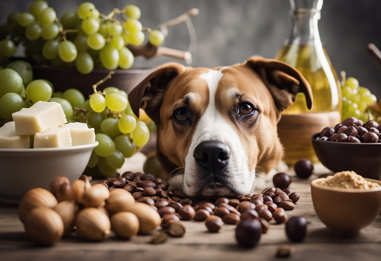 A dog surrounded by chocolate, grapes, onions, garlic, xylitol, alcohol, avocado, caffeine, macadamia nuts, and raw dough