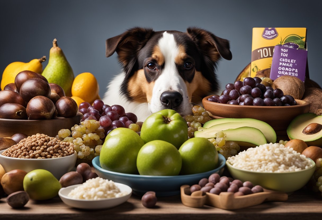 A dog surrounded by 10 toxic foods, including chocolate, grapes, onions, and avocado, with a warning sign nearby