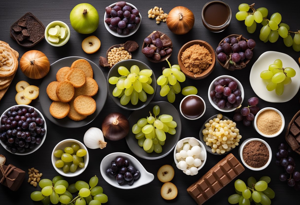 A group of 10 toxic foods for dogs arranged on a table, including chocolate, grapes, onions, and xylitol