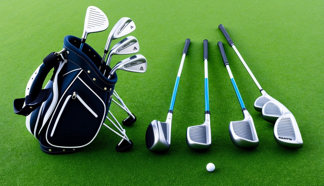 A set of golf clubs arranged neatly on a grassy green, with a putter, driver, irons, and wedges displayed in a bag