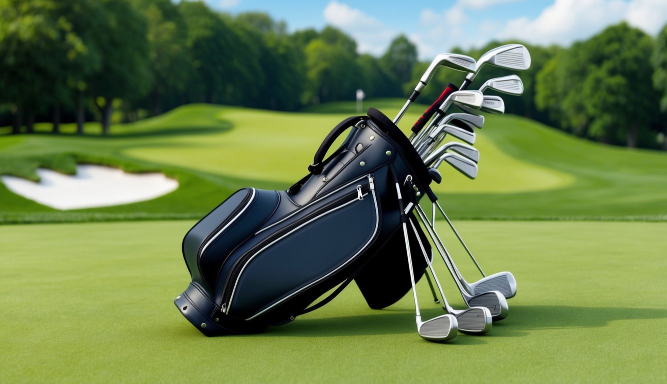 A golf bag with various clubs arranged neatly on a lush green golf course