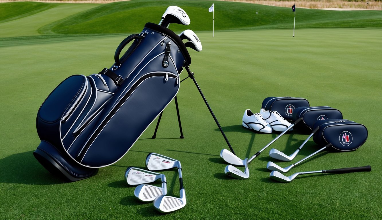 A golf bag with putters and short game clubs, including Hideki Matsuyama's preferred equipment, laid out on a grassy course