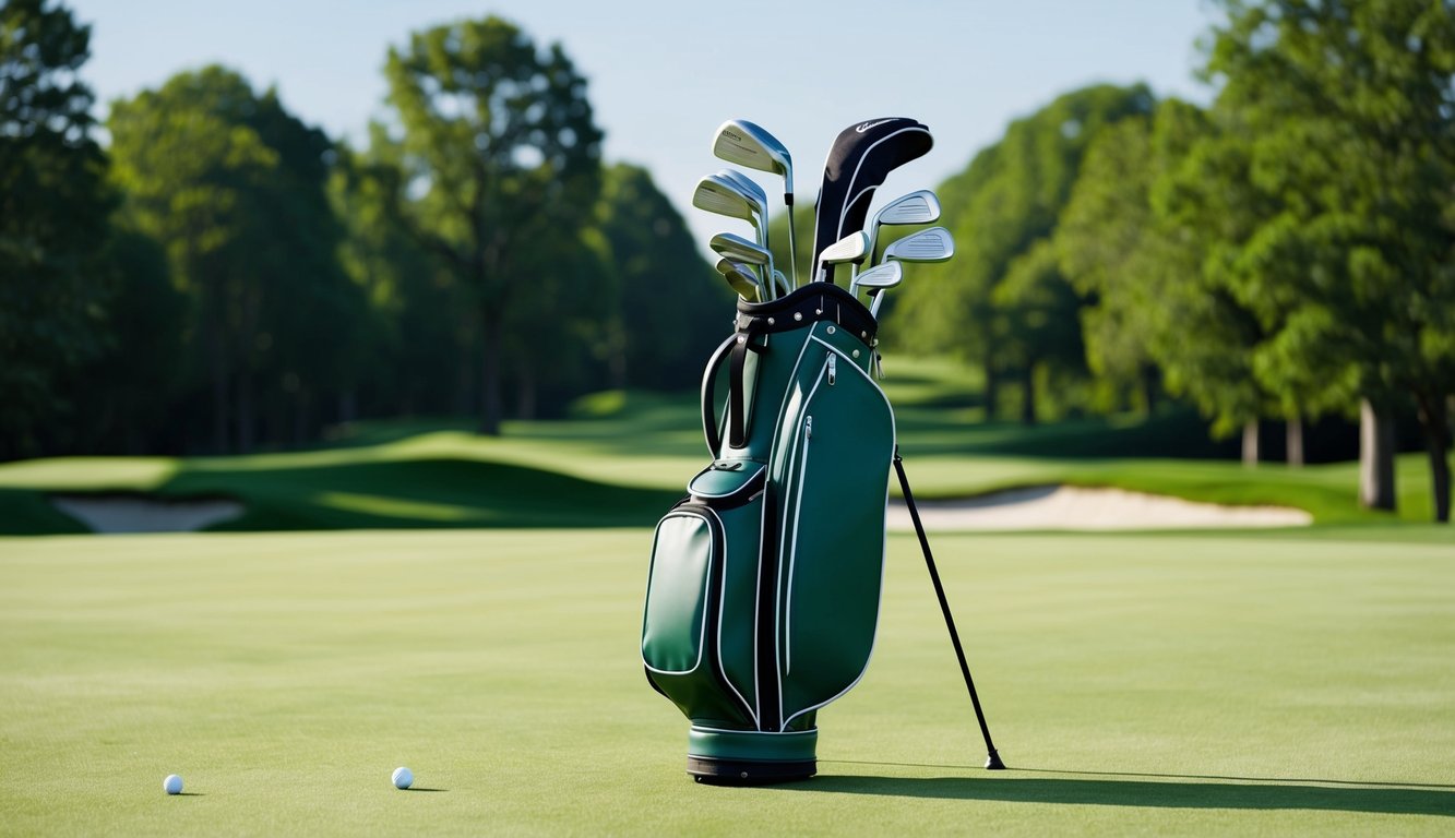 A golf bag with various clubs arranged neatly on a pristine green golf course