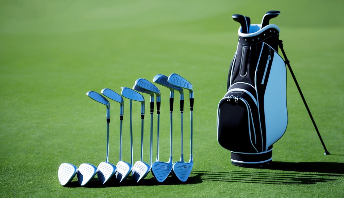 A set of golf clubs arranged neatly on a green grassy surface, with a golf bag standing upright nearby