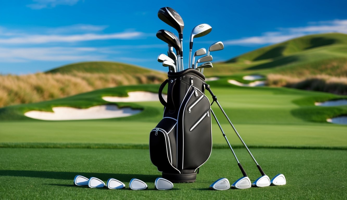 A golf bag filled with various clubs, including drivers, irons, and putters, arranged neatly on a grassy course with a backdrop of rolling hills and blue skies