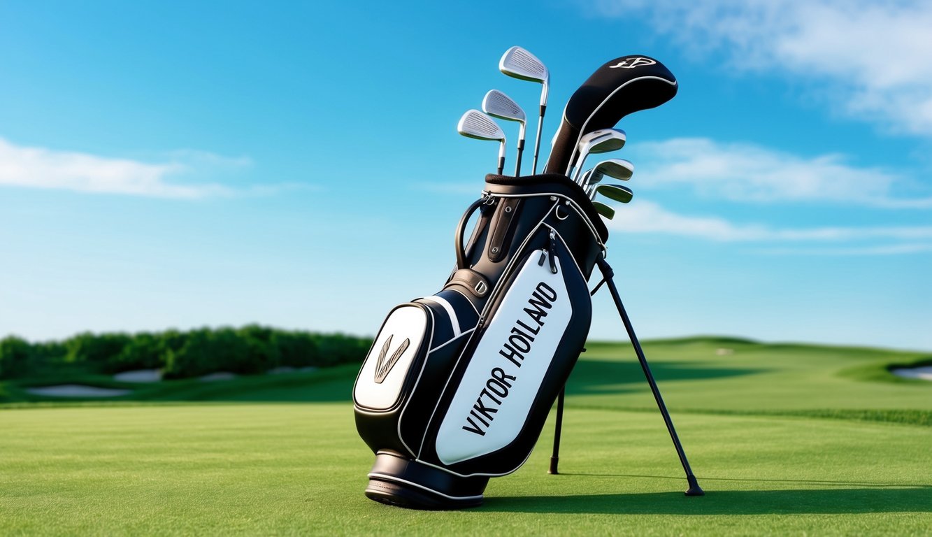 Viktor Hovland's golf bag with a variety of clubs arranged neatly on a lush green fairway, with a bright blue sky in the background