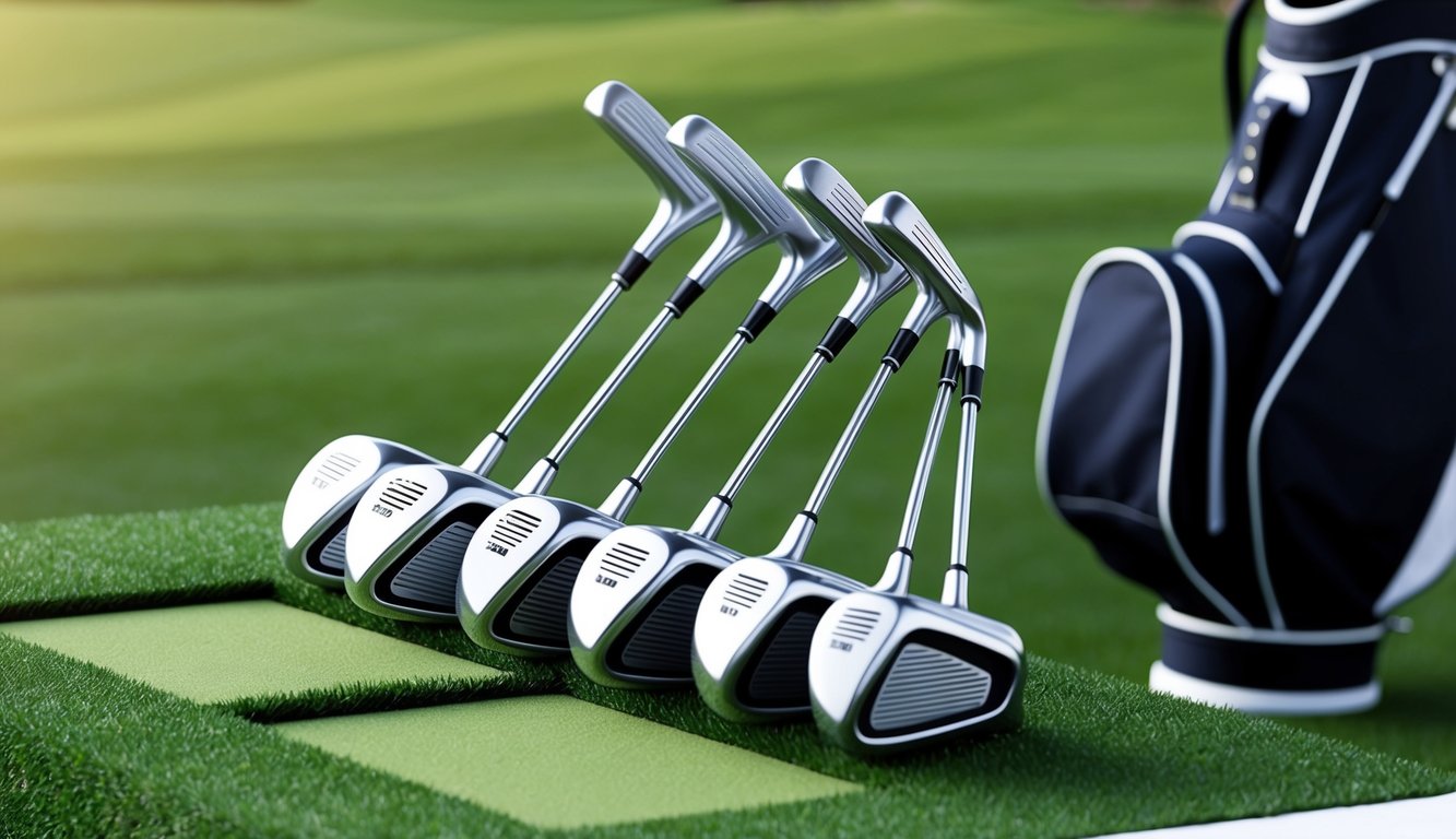 A set of golf clubs arranged neatly on a grassy tee box, with a golf bag in the background