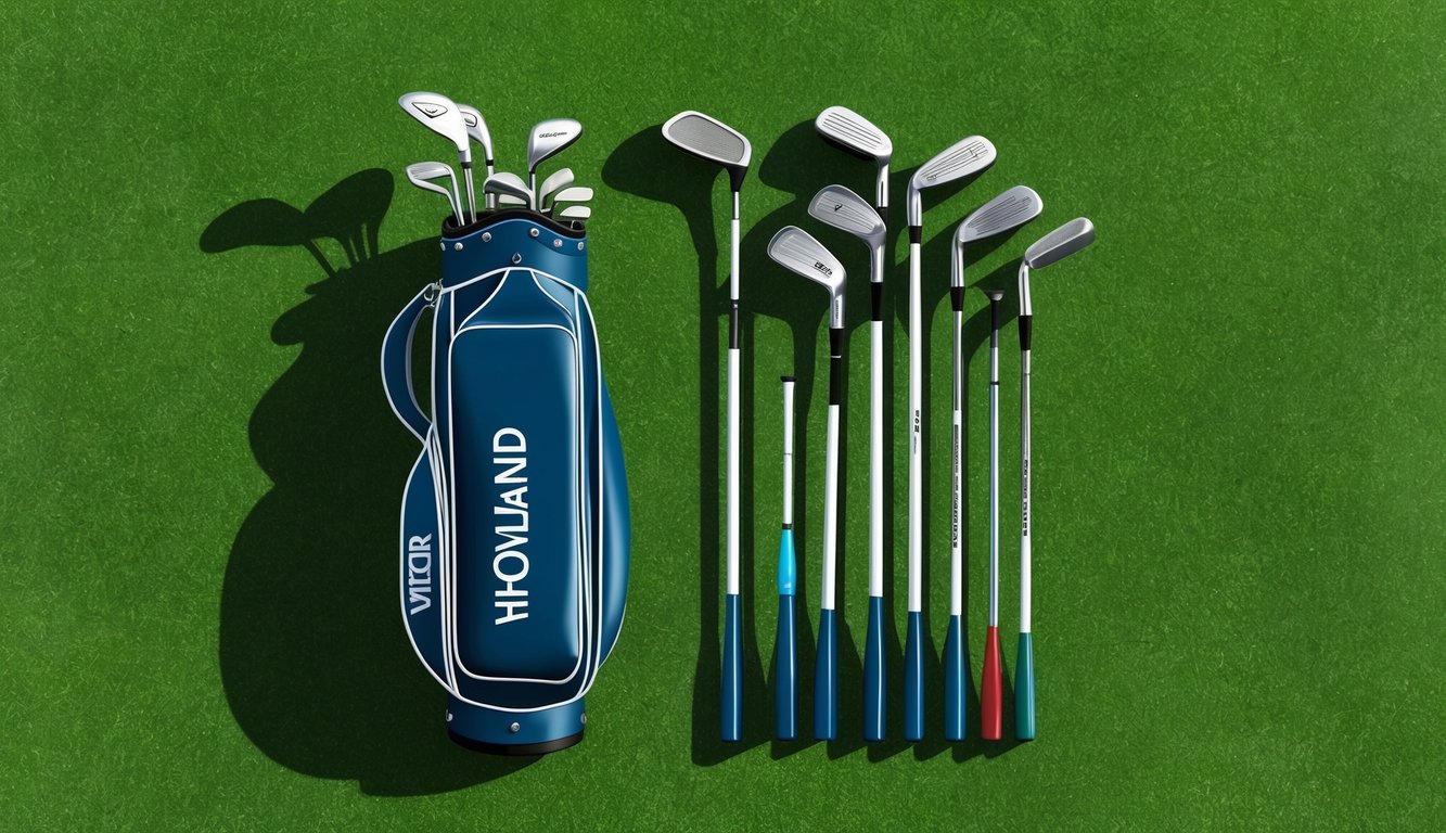 Viktor Hovland's golf bag with various clubs laid out on a pristine green grass background