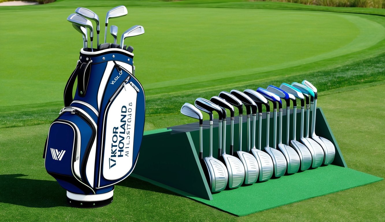 Viktor Hovland's golf bag with a set of various golf clubs arranged neatly on the grassy tee box of a golf course