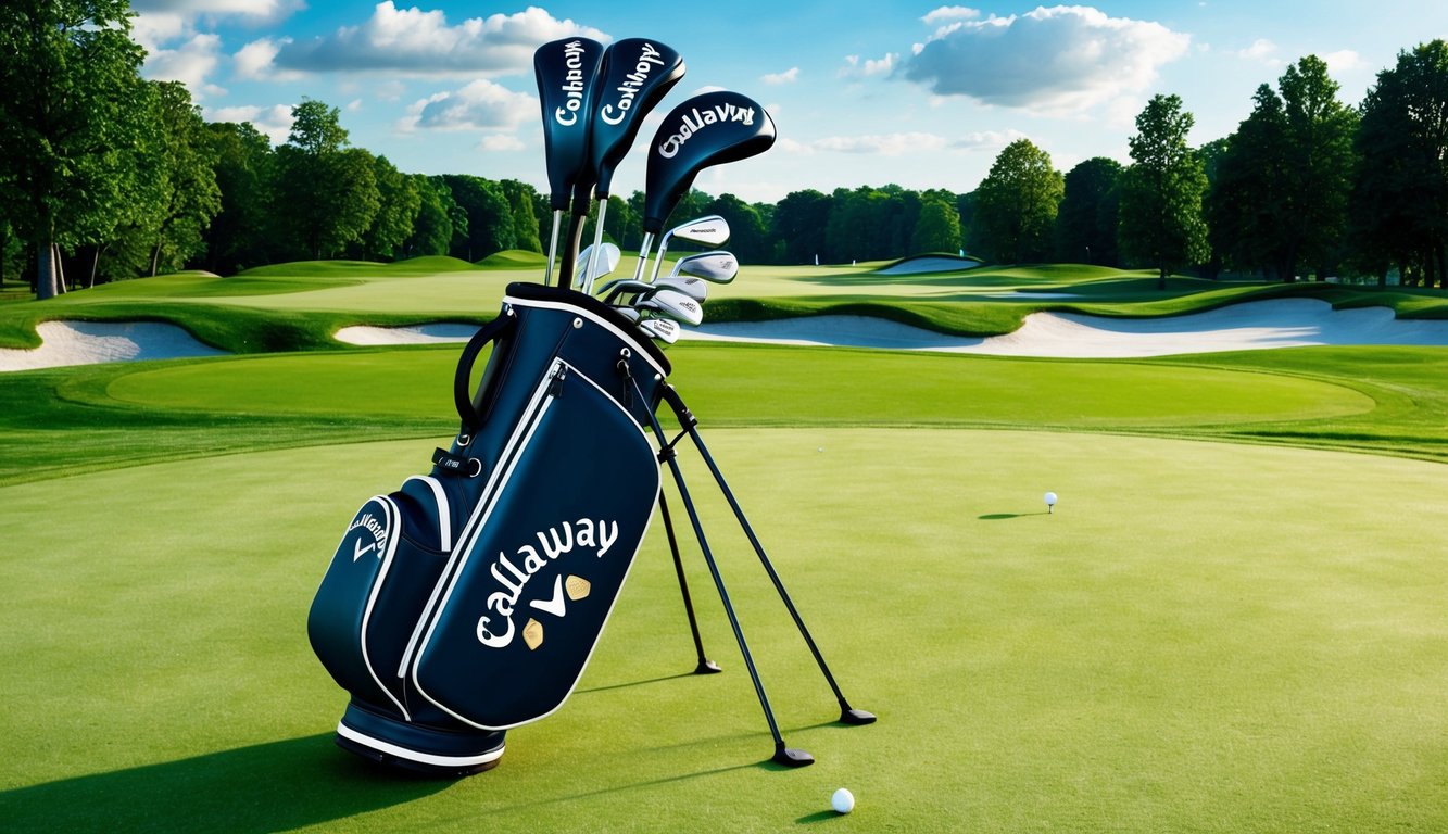 Viktor Hovland's golf bag with a set of Callaway golf clubs arranged neatly on a lush, green golf course during a professional tournament