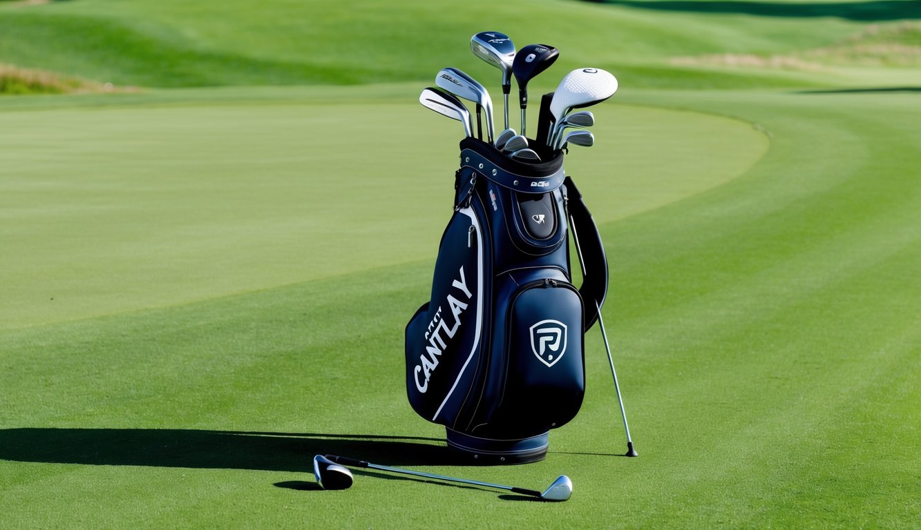 Patrick Cantlay's golf bag and clubs arranged neatly on a lush green fairway