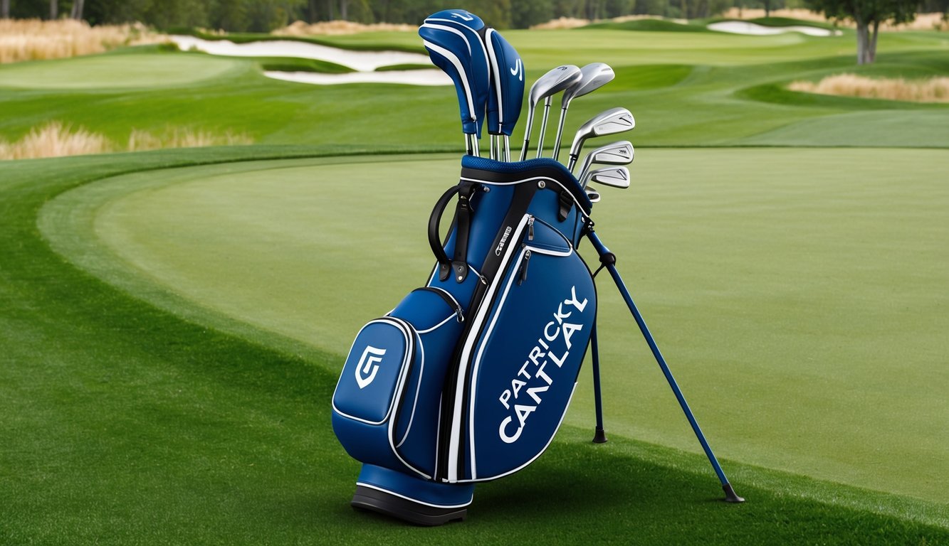 Patrick Cantlay's golf bag displayed with a variety of clubs, including drivers, irons, and putters, arranged neatly on a grassy golf course