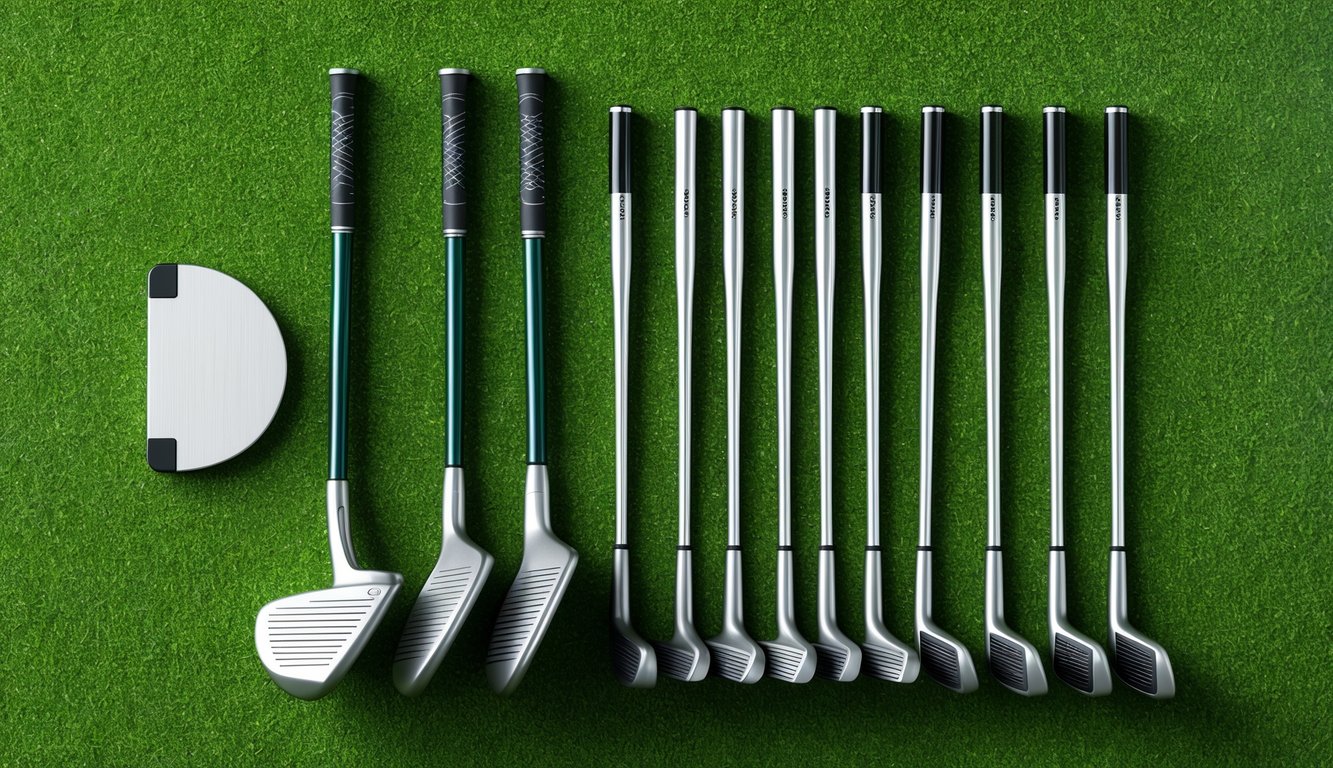 A set of golf clubs arranged neatly on a grassy green, with a putter, irons, and woods laid out in a row