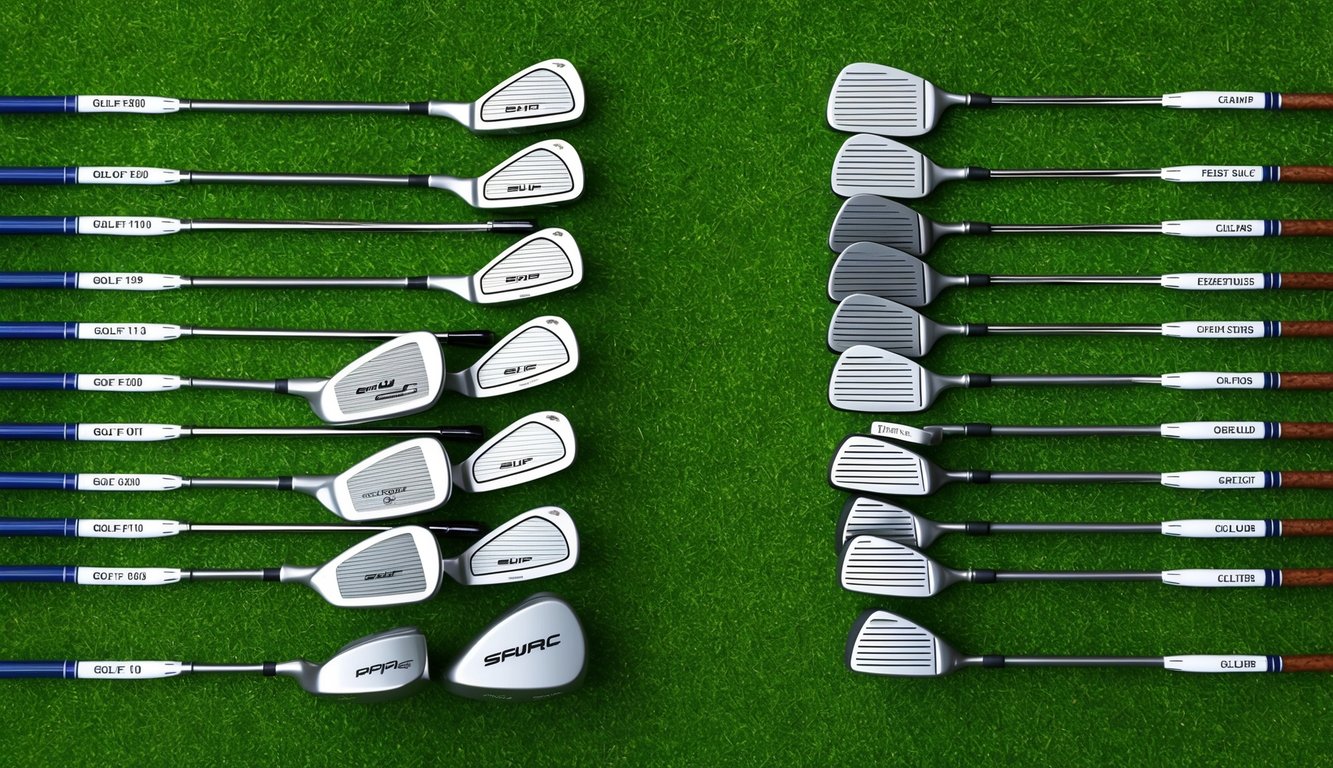 A set of golf clubs laid out neatly on a grassy green, with each club labeled with its specific specifications and brand