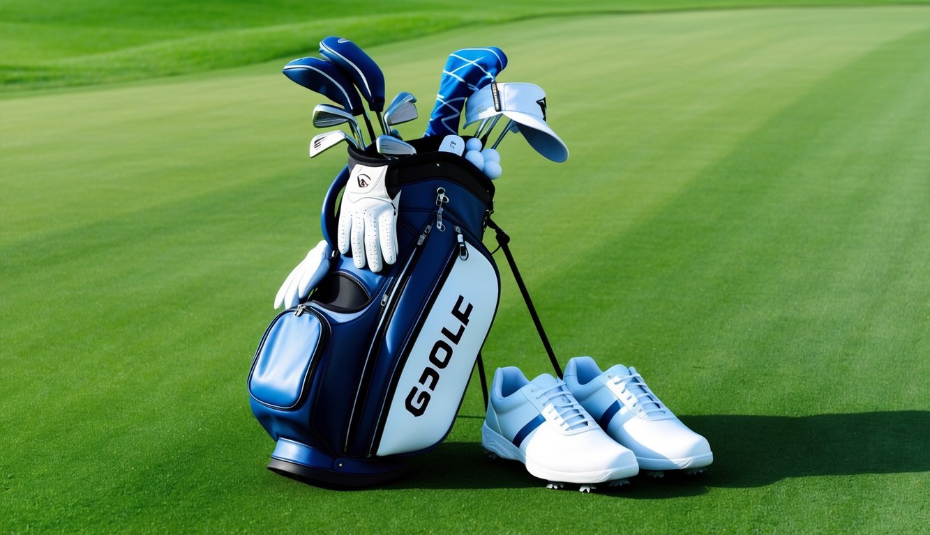 A golf bag filled with clubs and accessories, including gloves, tees, and a visor, sits next to a pair of golf shoes on a lush green fairway