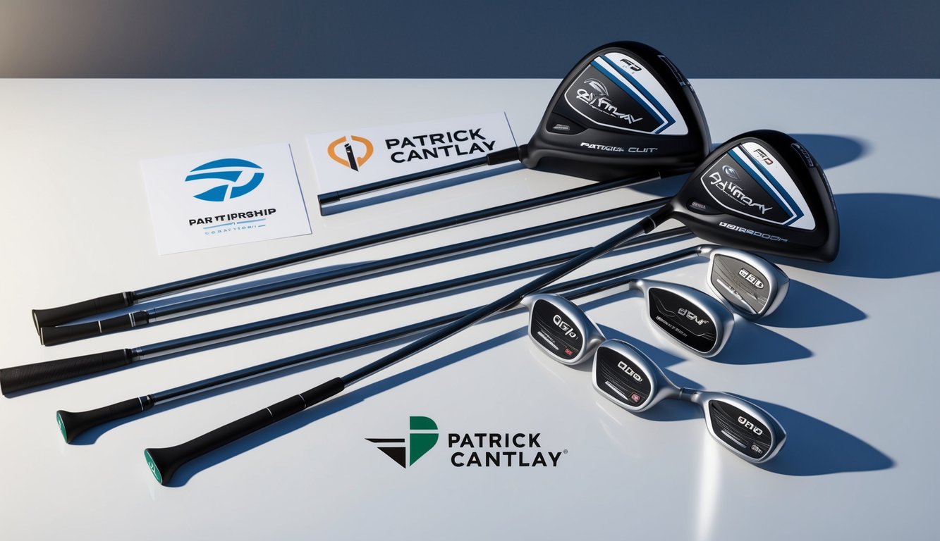 Patrick Cantlay's golf clubs laid out on a clean, well-lit surface, with logos of his partnership and sponsorship brands prominently displayed