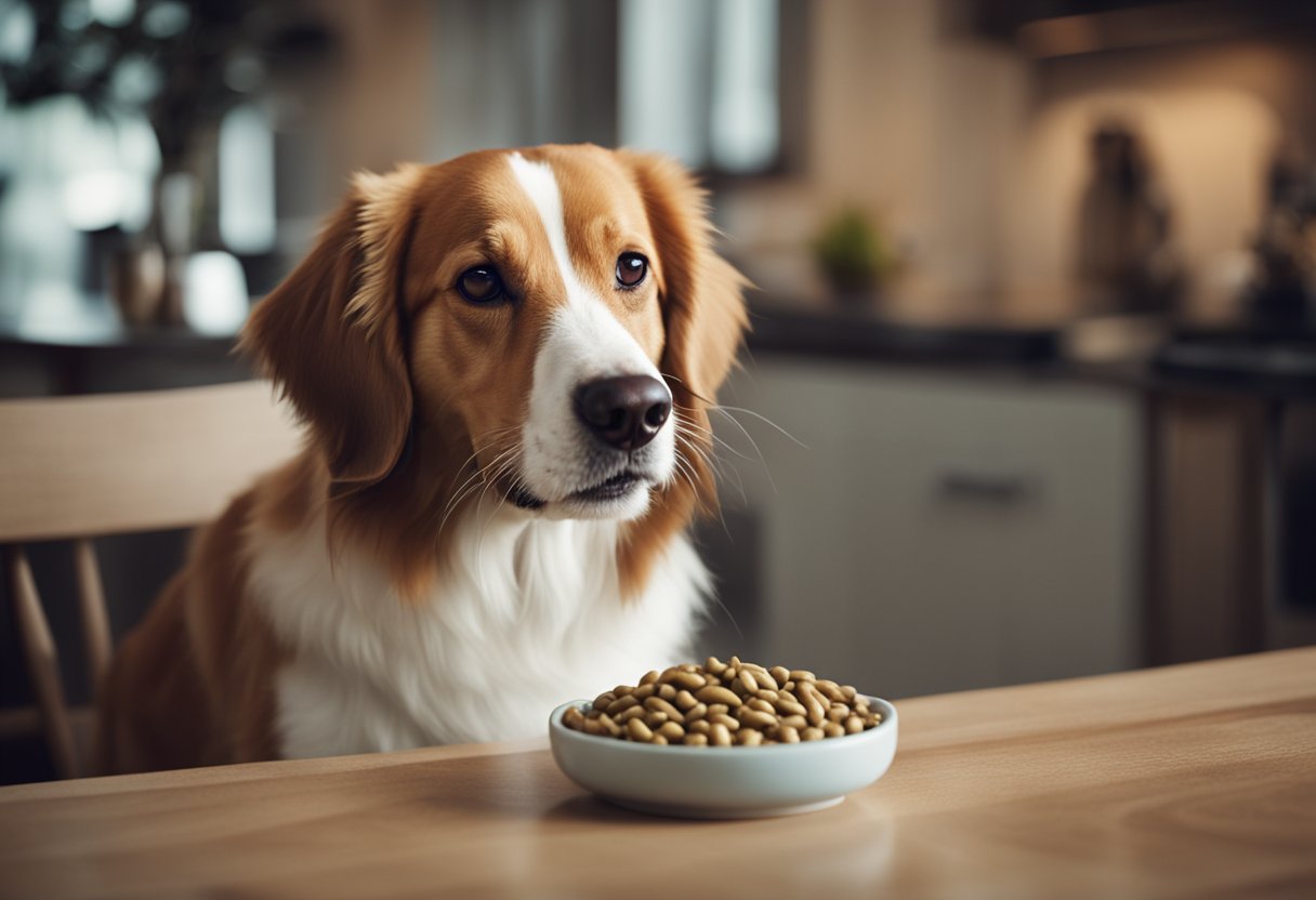 A happy dog eating a bowl of beans