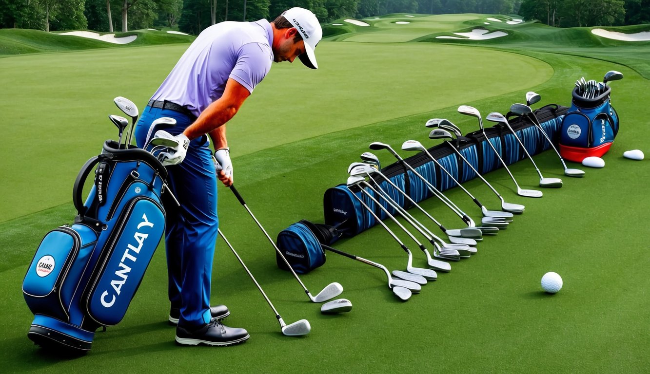 Patrick Cantlay's golf bag, with a variety of clubs laid out on a pristine green course, as he practices and prepares for his next shot