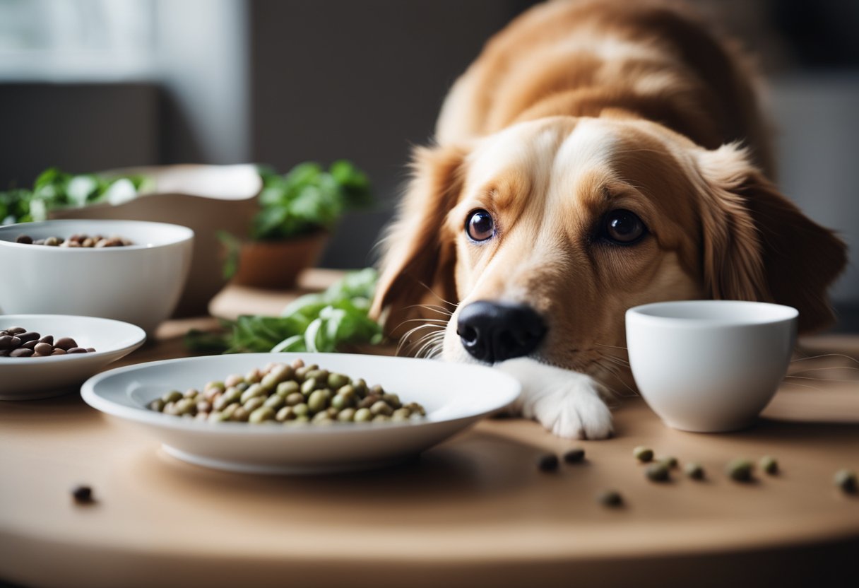 A dog happily eating a bowl of mixed beans and kibble