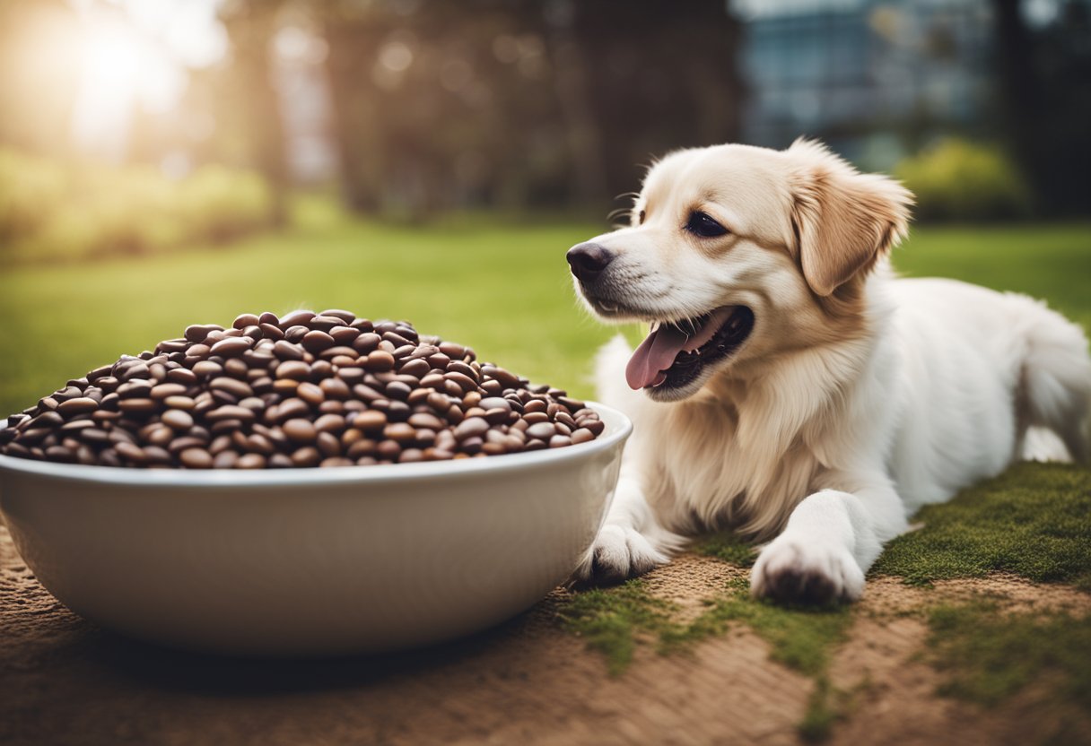 A happy dog with a bowl of beans, wagging its tail eagerly