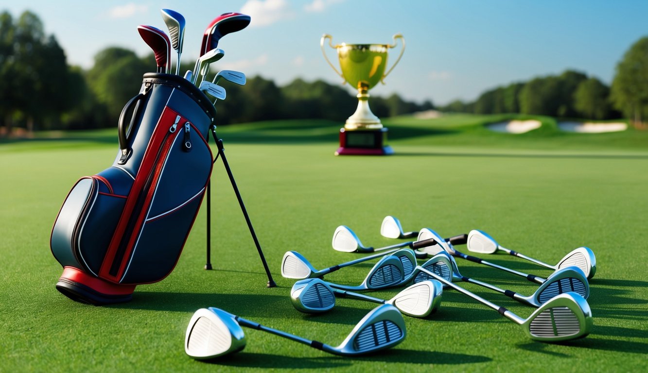 A golfer's bag with various clubs scattered around on the green, with a trophy in the background