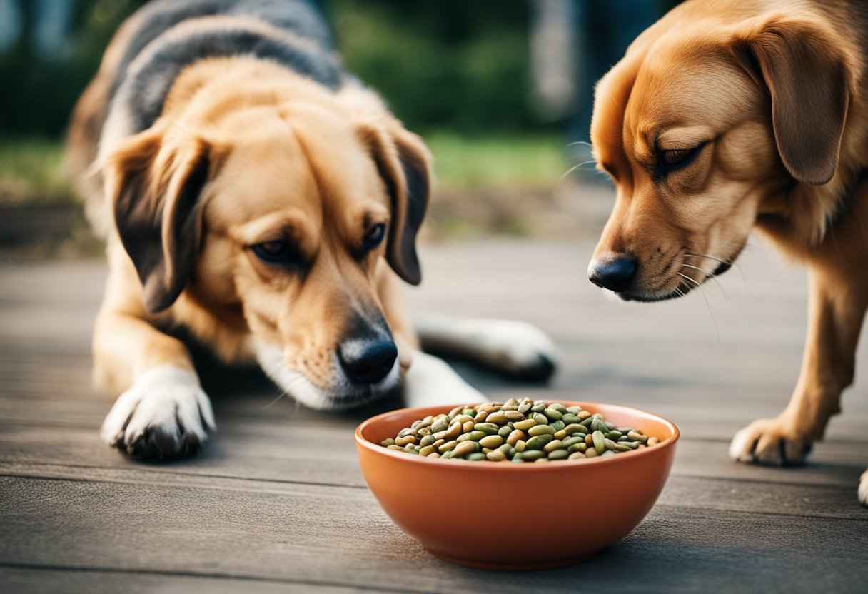 A dog eagerly sniffs a bowl of beans while its owner looks on with concern