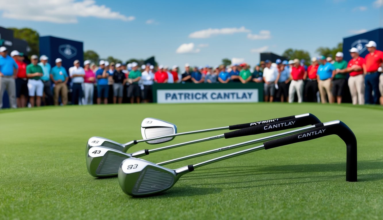 Patrick Cantlay's golf clubs laid out on a pristine green with media and fans in the background