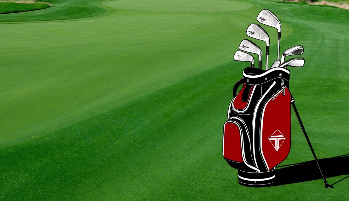 A golf bag with Patrick Cantlay's clubs arranged neatly on a lush green fairway