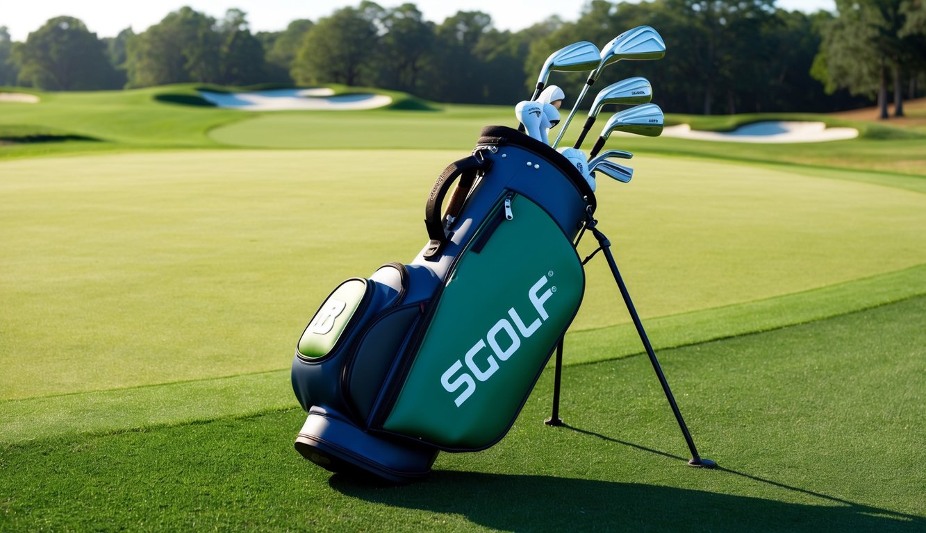 A golf bag with Bryson DeChambeau's clubs arranged neatly on a lush green fairway