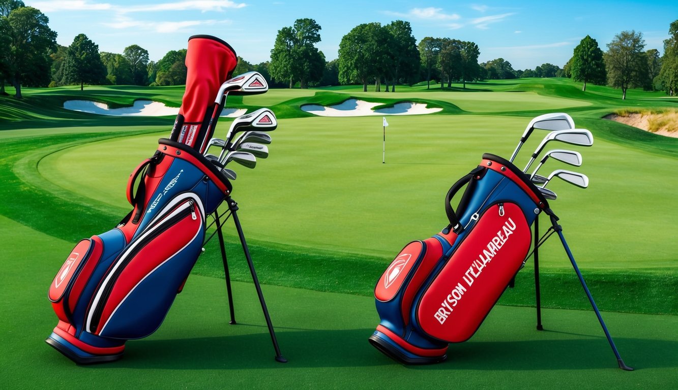 Bryson DeChambeau's golf bag with fairway woods and utility irons arranged neatly on a lush green golf course